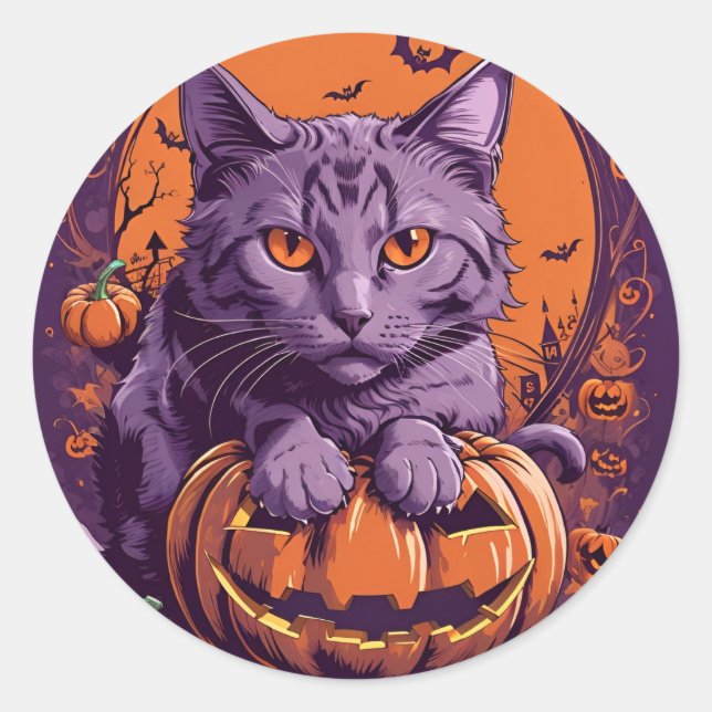 cat and pumpkin classic round sticker (Front)