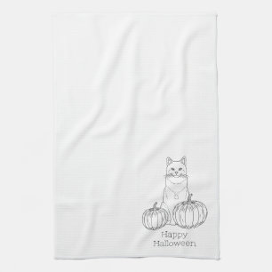 Cat And Pumpkins Line Art Simple Minimal Halloween Tea Towel