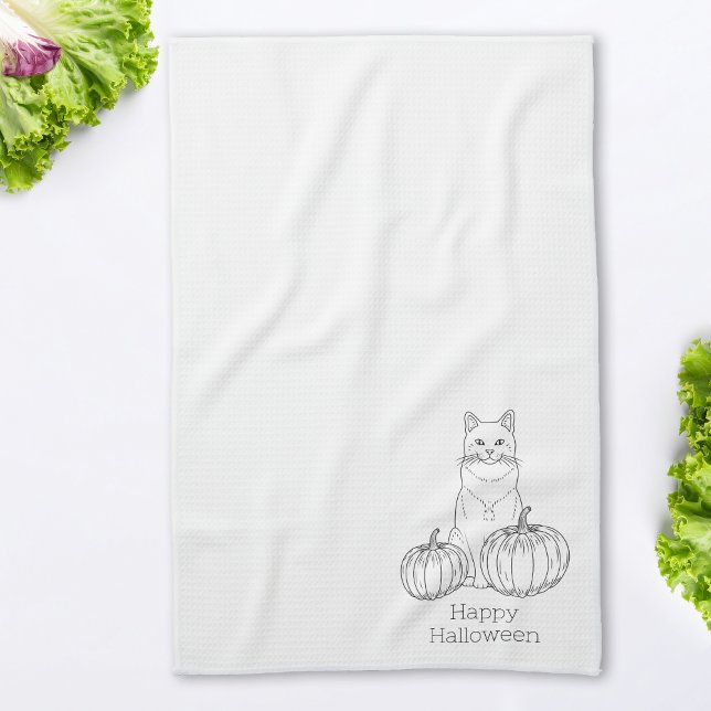 Cat And Pumpkins Line Art Simple Minimal Halloween Tea Towel (Creator Uploaded)