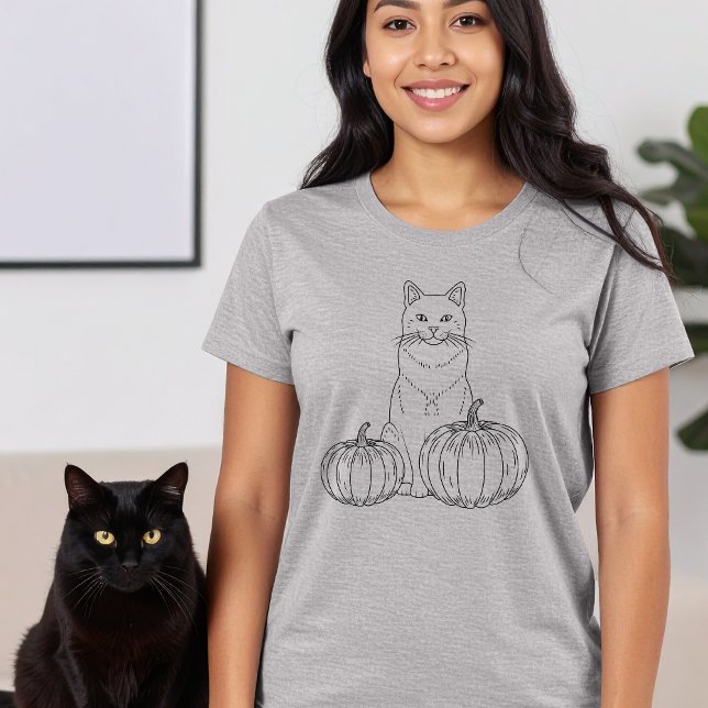 Cat And Pumpkins Minimal Line Art Cute Halloween T-Shirt (Disclaimer: This image is a digital mockup.)