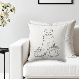 Cat And Pumpkins Minimalist Line Art Autumn Cushion