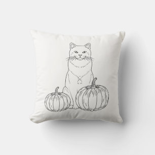 Cat And Pumpkins Minimalist Line Art Autumn Cushion