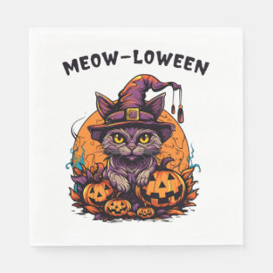 Cat and pumpkins with humourous halloween phrase napkin