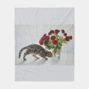 Cat and Red Roses – Realistic Oil Painting Print Fleece Blanket