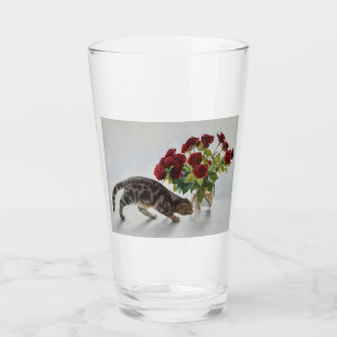 Cat and Red Roses – Realistic Oil Painting Print Glass