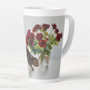 Cat and Red Roses – Realistic Oil Painting Print Latte Mug