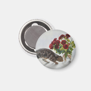 Cat and Red Roses – Realistic Oil Painting Print Magnet