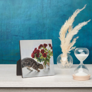 Cat and Red Roses – Realistic Oil Painting Print Plaque