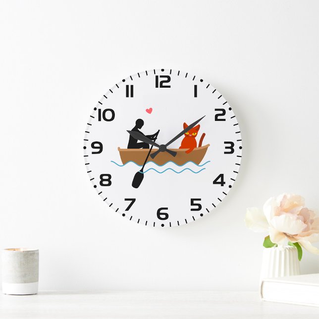 Cat and Rower in Boat Funny Whimsical Pet Lover  Large Clock (Creator Uploaded)