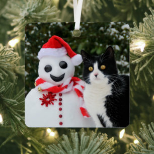 Cat and Santa Snowman Christmas Funny Photo -  Metal Tree Decoration