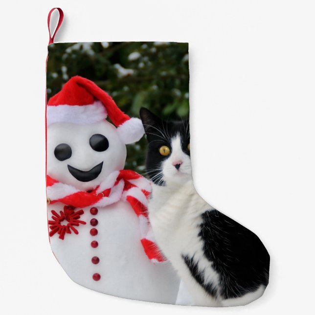 Cat and Santa Snowman Christmas mantle Small Christmas Stocking (Front)