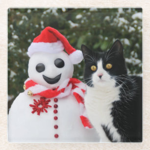 Cat and Santa Snowman Christmas, Table-Decor Glass Coaster