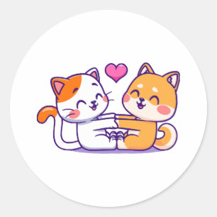 Cat And Shiba Inu Classic Round Sticker