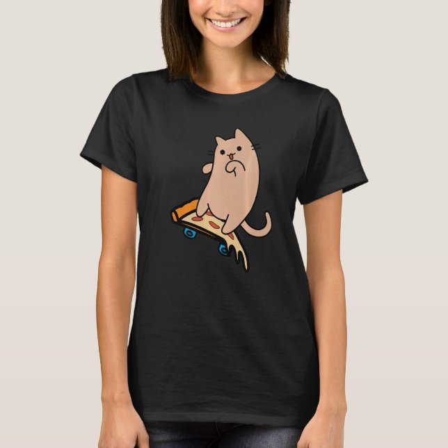 Cat and Skateboard Skateboarding Pizza Board   T-Shirt (Front)