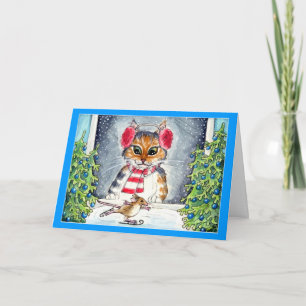 Cat and skating mouse holiday greeting card