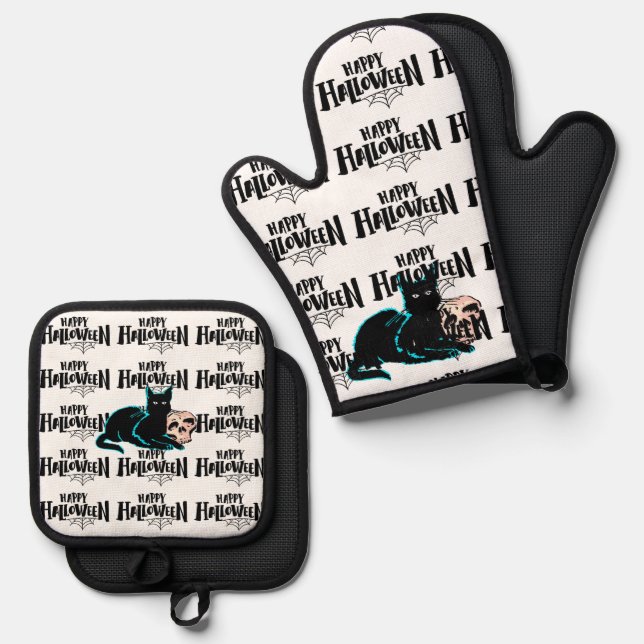 Cat and skull Happy Halloween   Oven Mitt & Pot Holder Set (Front/Back)