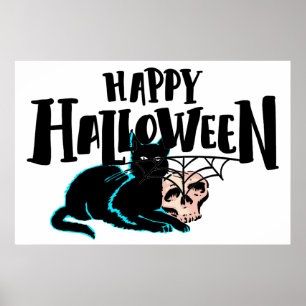 Cat and skull Happy Halloween Poster