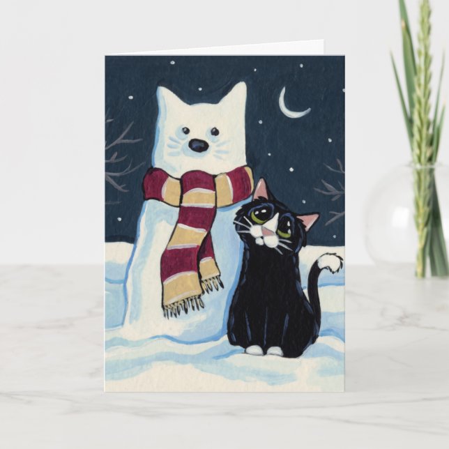 Cat and Snow Cat at Night Christmas Card (Front)