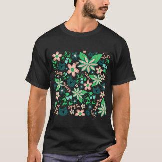 Cat And Spring Flowers In Blue T-Shirt