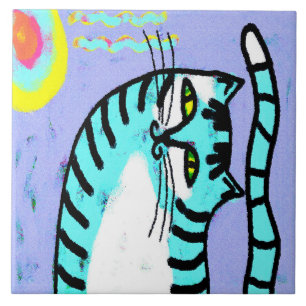 Cat and Sun Abstract Digital Art Ceramic Tile