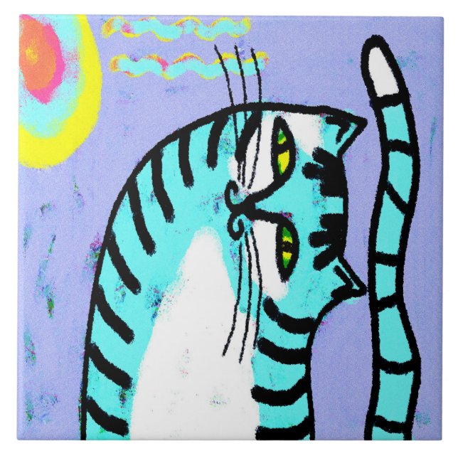 Cat and Sun Abstract Digital Art Ceramic Tile (Front)