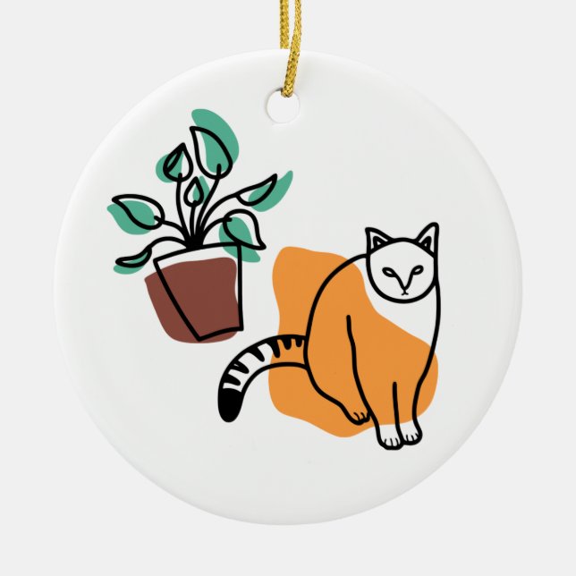 Cat and the plant ceramic ornament (Front)