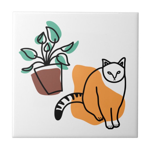 Cat and the plant ceramic tile (Front)