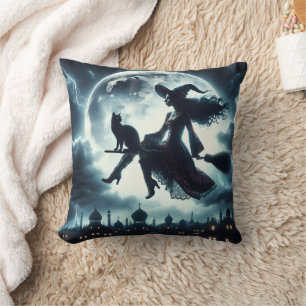 Cat and Witch Flying On a Broomstick Cushion