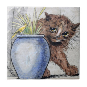 Cat and Yellow Small Bird, Louis Wain Ceramic Tile