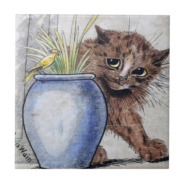 Cat and Yellow Small Bird, Louis Wain Ceramic Tile (Front)