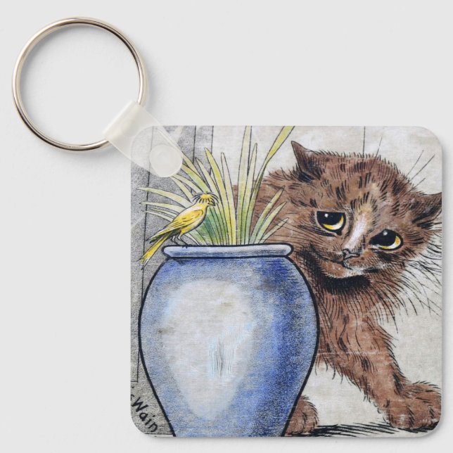 Cat and Yellow Small Bird, Louis Wain Key Ring (Front)
