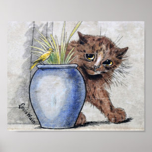 Cat and Yellow Small Bird, Louis Wain Poster