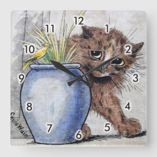 Cat and Yellow Small Bird, Louis Wain Square Wall Clock