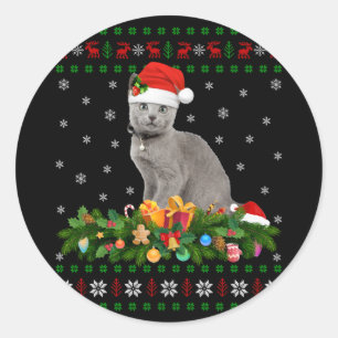 Cat Animal Lover Santa Hat Ugly Russian Blue Cat Classic Round Sticker