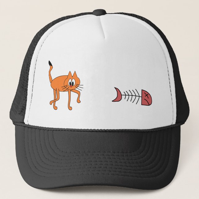 Cat Animal Orange Fish Dead Skeleton Funny Trucker Hat (Front)