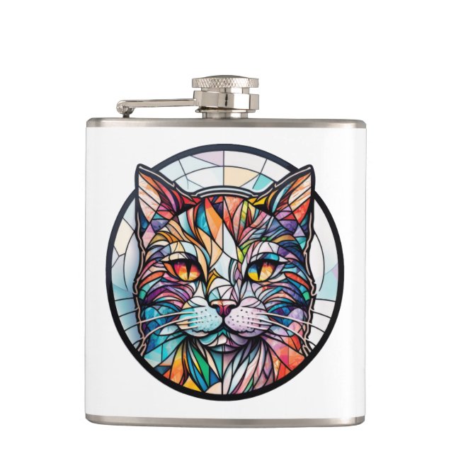 Cat Animal Portrait Stained Glass Wildlife Pet Art Hip Flask (Front)