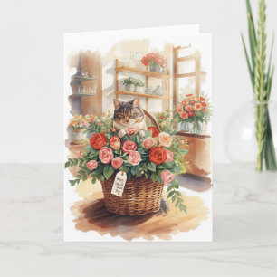 Cat arranging flower roses basket Valentine's Day Card
