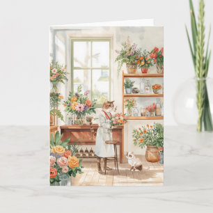 Cat arranging flower roses basket Valentine's Day Card