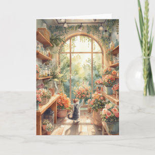 Cat arranging flower roses basket Valentine's Day Card