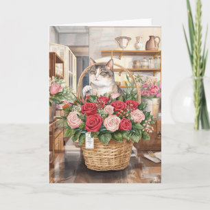 Cat arranging flower roses basket Valentine's Day  Card