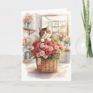 Cat arranging flower roses basket Valentine's Day Card