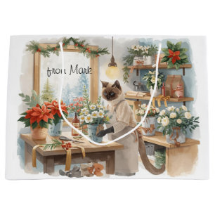 Cat arranging Winter Flowers for Christmas Large Gift Bag
