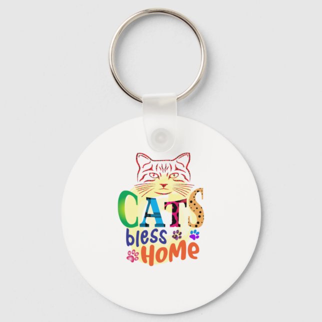Cat Art Cats Bless Home Key Ring (Front)