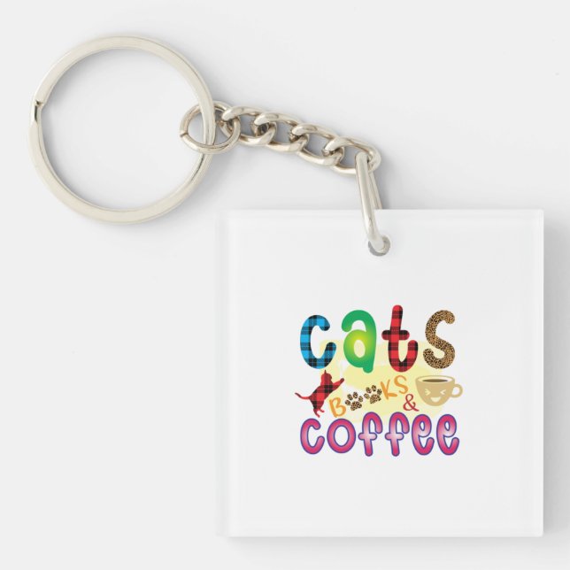 Cat Art Cats Books Coffee Key Ring (Front)
