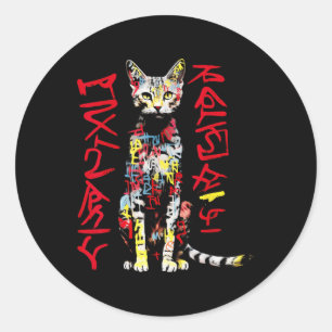 Cat Art Colourful Text Animal Graphic Motif Cat  Classic Round Sticker