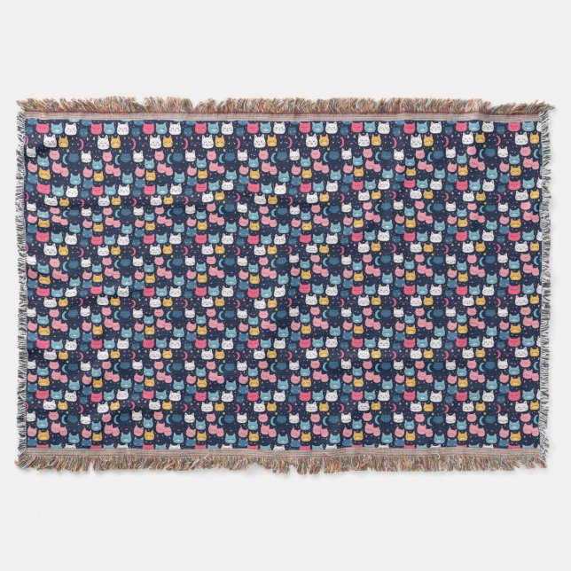 Cat Art | Cute Cat Faces Throw Blanket (Front)