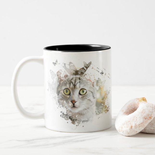 Cat Artwork Two-Tone Coffee Mug (With Donut)