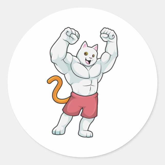 Cat as Bodybuilder with big Muscles Classic Round Sticker (Front)
