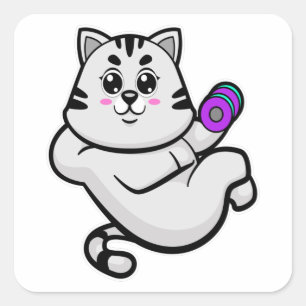 Cat as Bodybuilder with Dumbbell Square Sticker