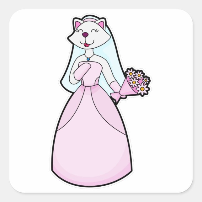 Cat as Bride with Bunch of Flowers Square Sticker (Front)